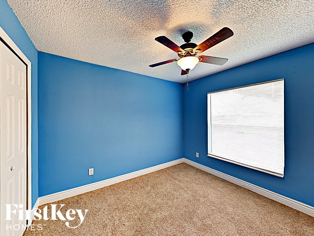 a blue bedroom with a ceiling fan and a window