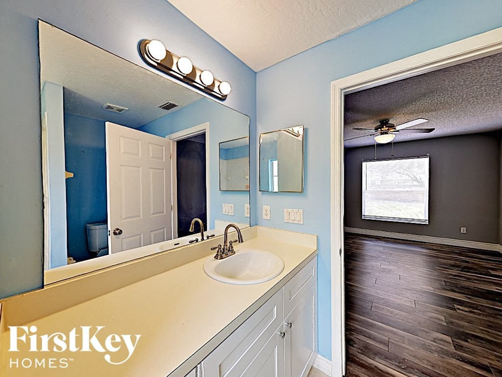 a bathroom with a sink and a mirror