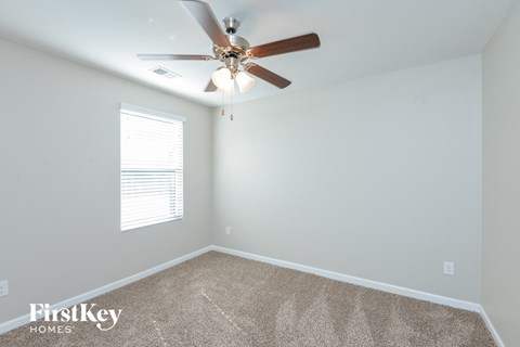 the living room has a ceiling fan and carpet