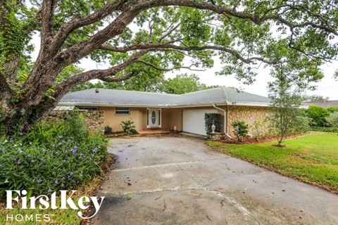 A house with a driveway and a tree in front of it.