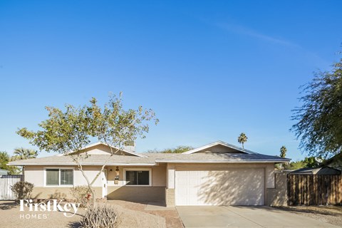A house with a garage and a tree in front of it.