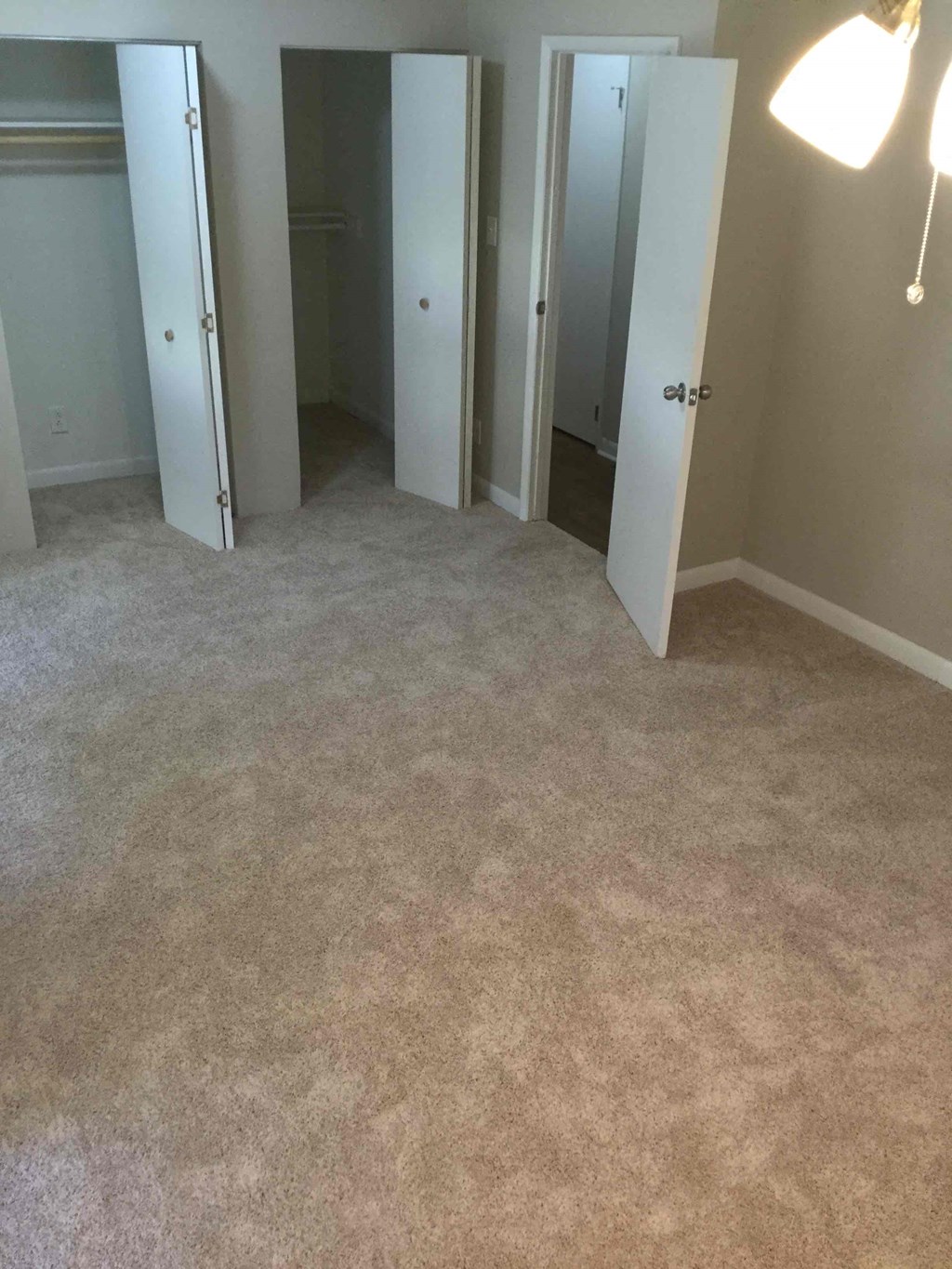 A room with carpeted floor and five doors.
