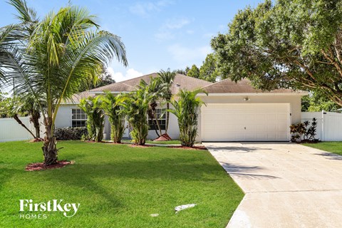 A white house with a palm tree in front of it.