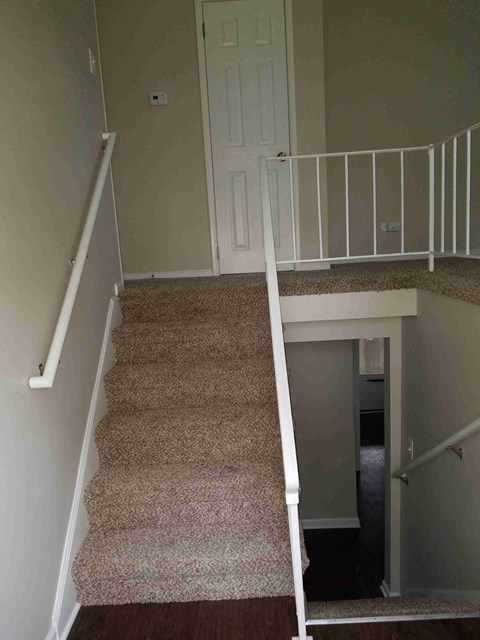 a set of stairs with carpet in a home with a white door