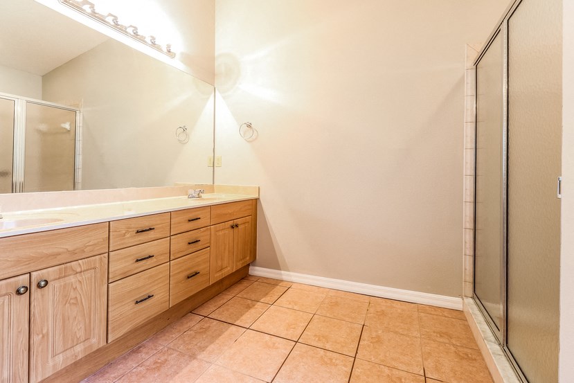 a bathroom with a large sink and a shower