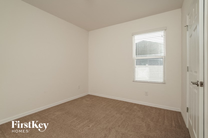 a bedroom with a carpeted floor and a window