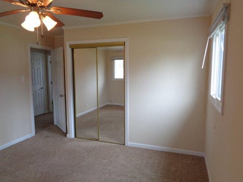 an empty bedroom with a mirror and a ceiling fan