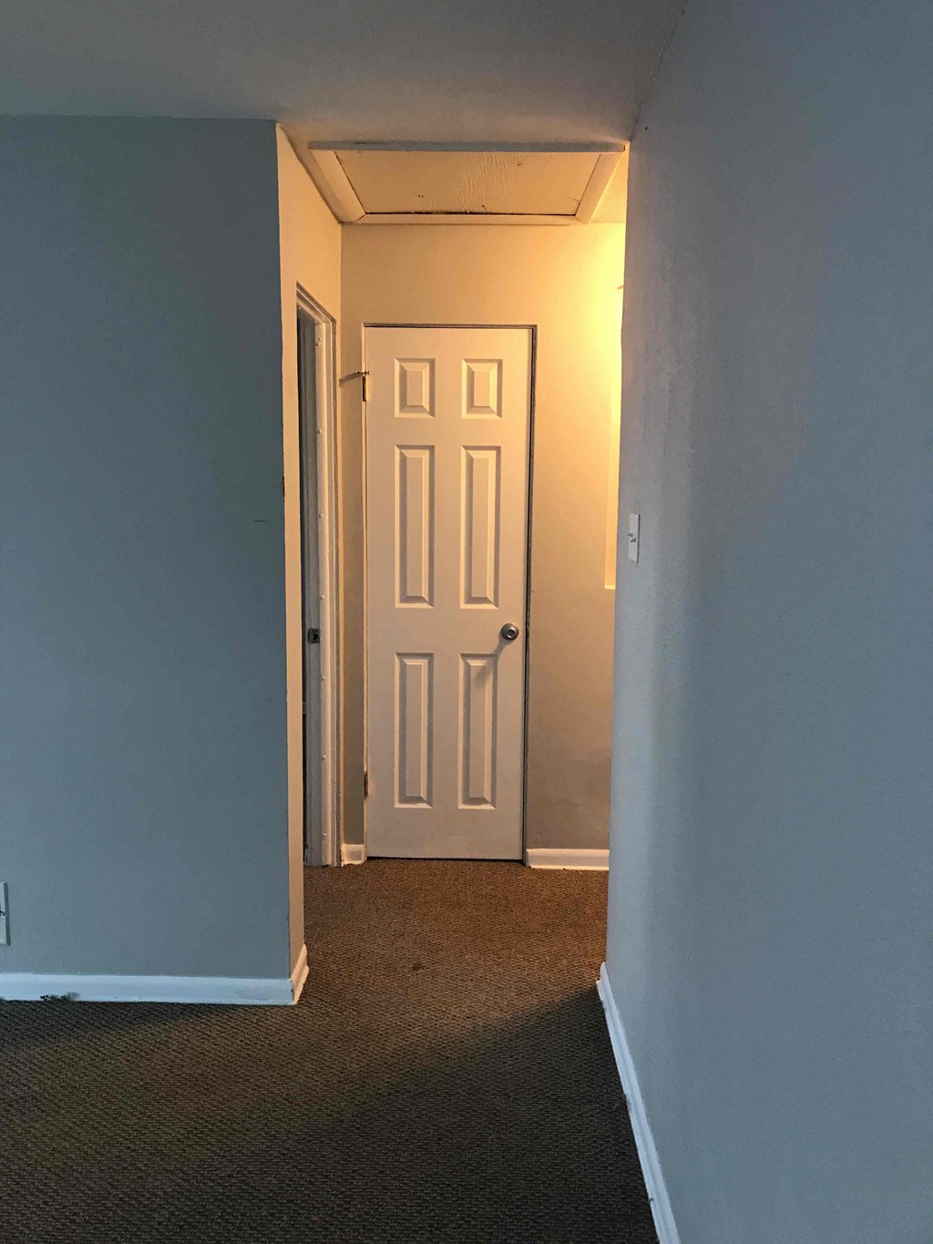 a room with a white door and a hallway to a closet