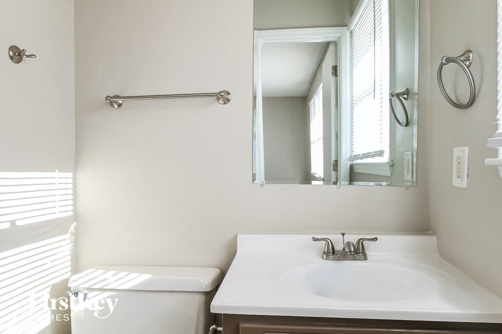 a bathroom with a sink and a mirror and a window