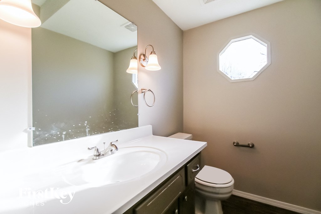 a bathroom with a sink and a mirror and a toilet