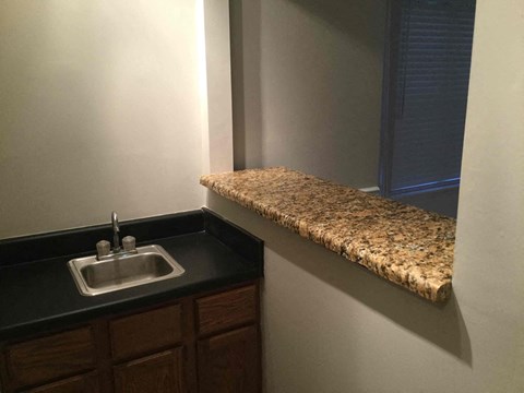 a kitchen with a sink and a window with a window sill