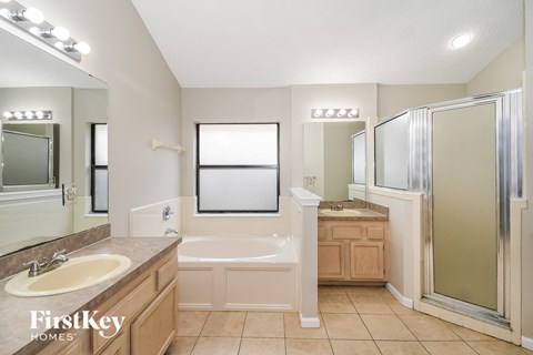 a bathroom with a tub and a sink and a mirror