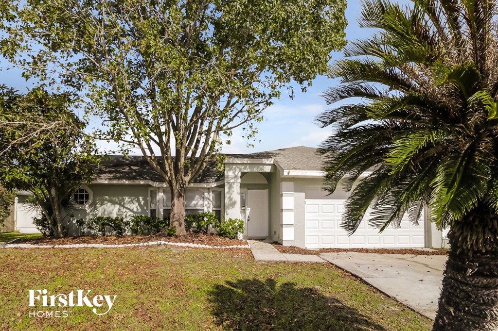 A white house with a tree and a palm tree in front.