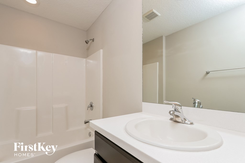 a bathroom with a sink and a shower and a mirror