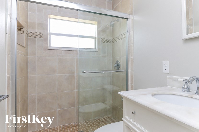 A bathroom with a walk-in shower and a white sink.
