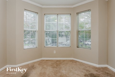 A room with carpeted floor and three windows.