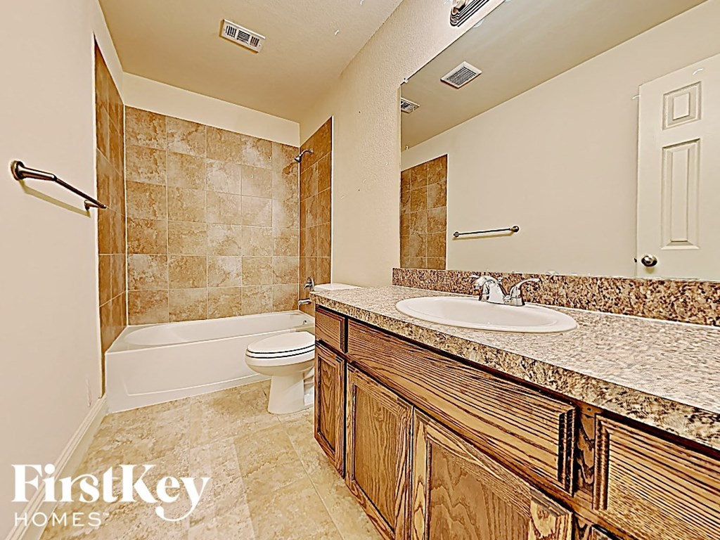 a bathroom with a sink and a toilet and a bath tub