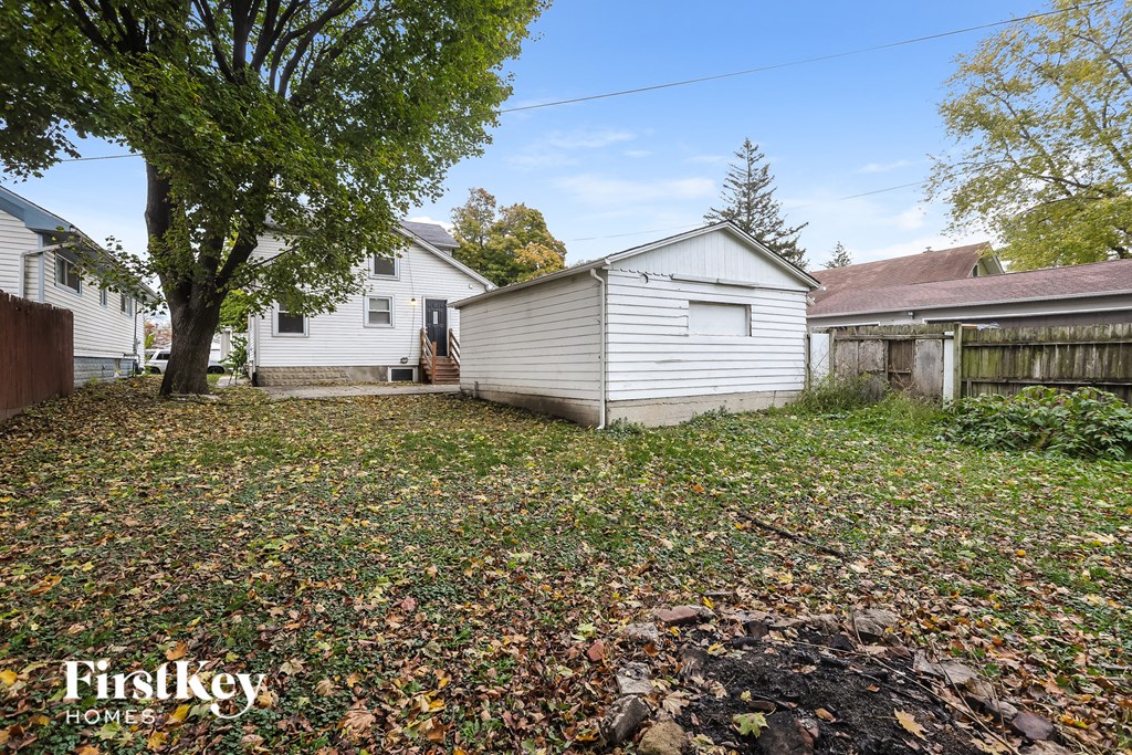 A backyard with a shed and a tree.