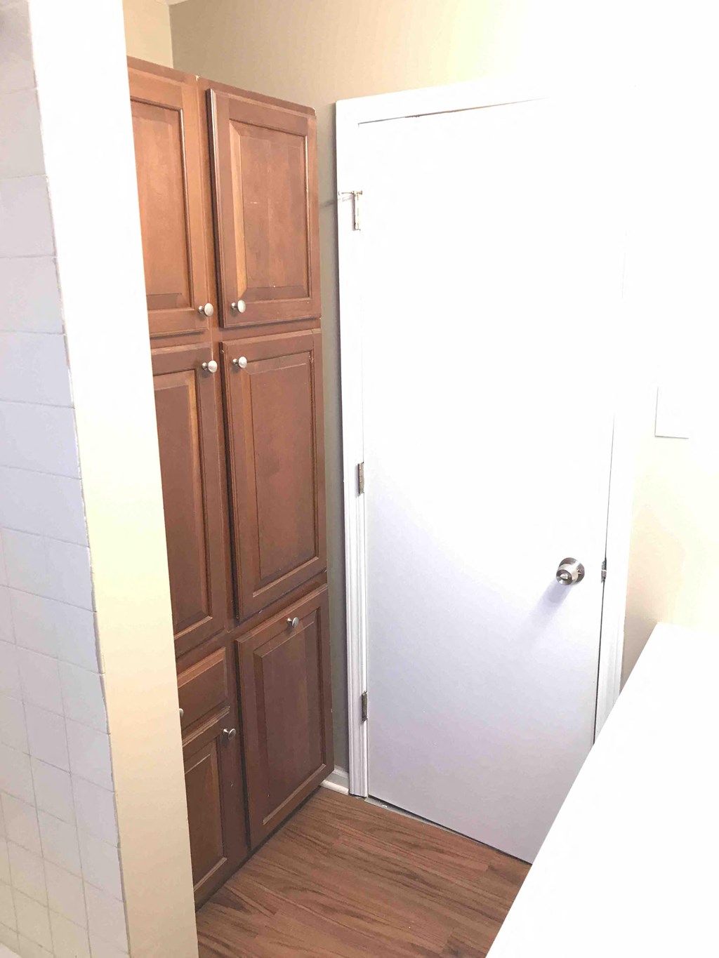 a bathroom with wooden cabinets and a white door