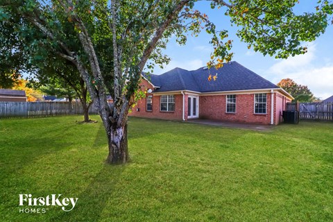 A tree stands in a grassy yard in front of a brick house with a blue roof.