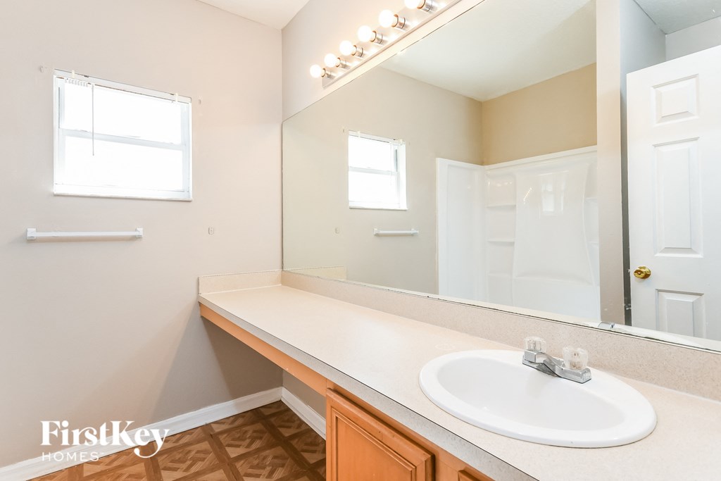 a bathroom with a sink and a large mirror