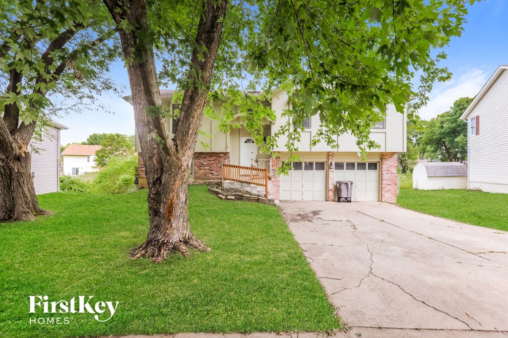 A tree in front of a house with a garage.