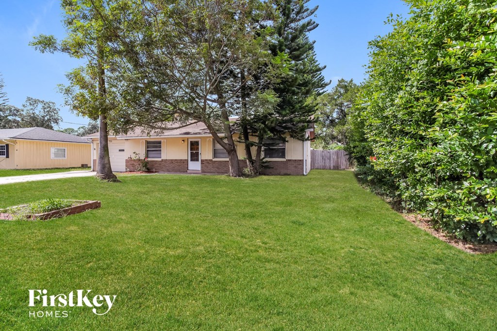 A well-maintained lawn in front of a house with a tree and shrubs.