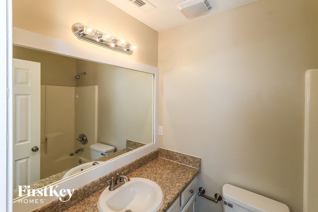 a bathroom with a sink and a mirror and a toilet
