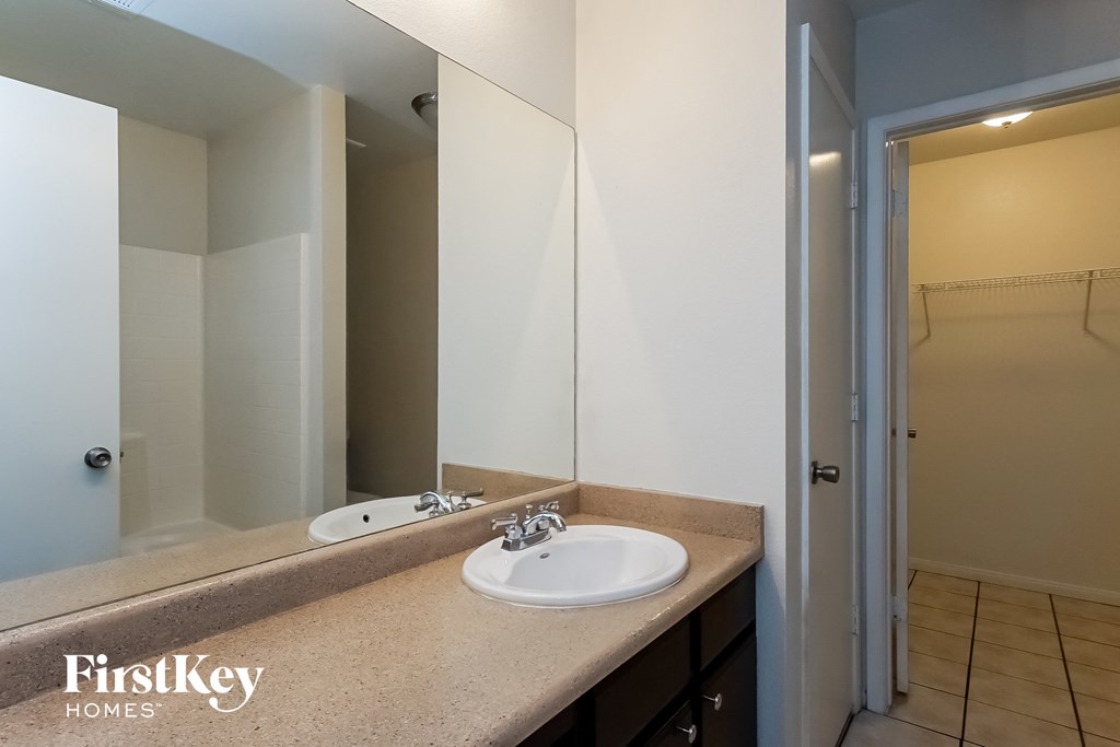 a bathroom with a sink and a mirror and a shower