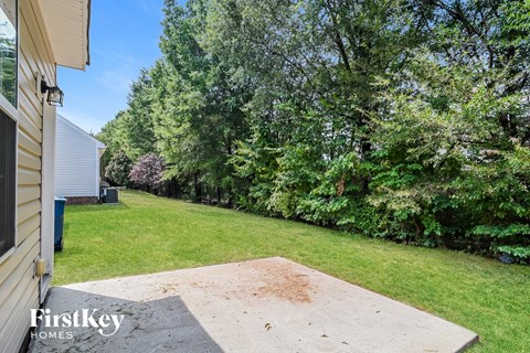 A backyard with a concrete slab and trees.