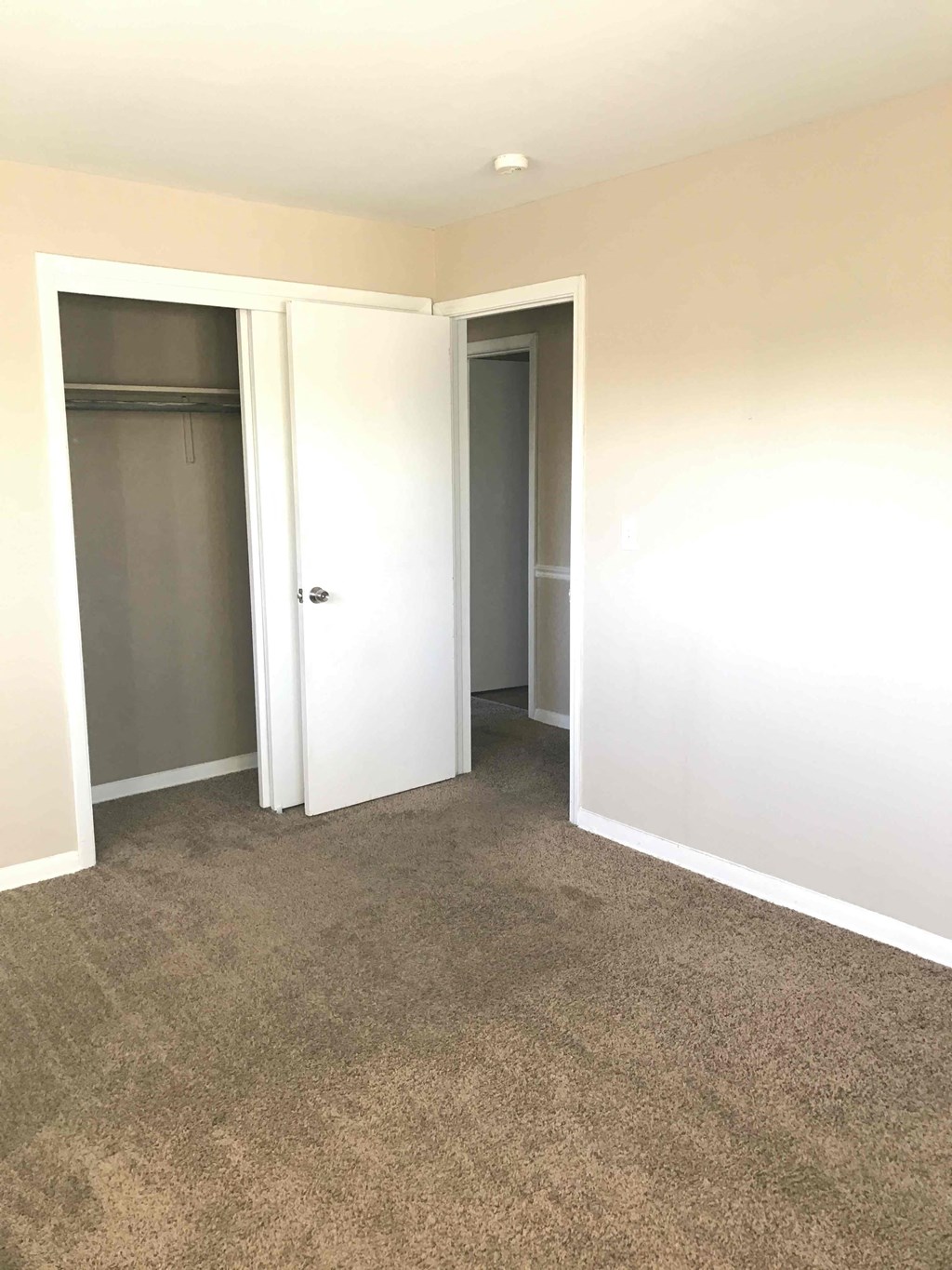 A room with two doors and carpeted floor.