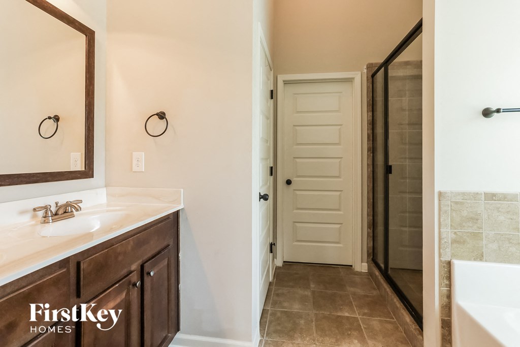 a bathroom with a sink and a mirror and a shower
