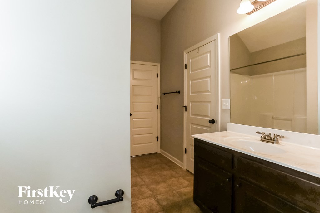 a bathroom with a sink and a mirror and a closet