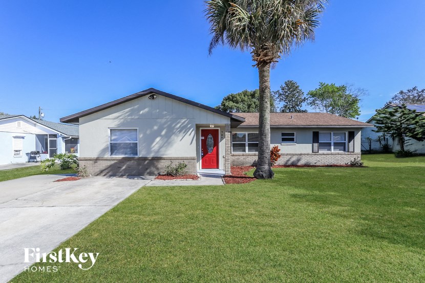 a white house with a red door and a palm tree
