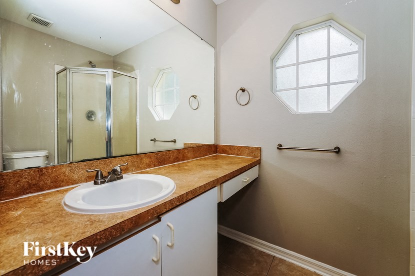 a bathroom with a sink and a shower and a mirror