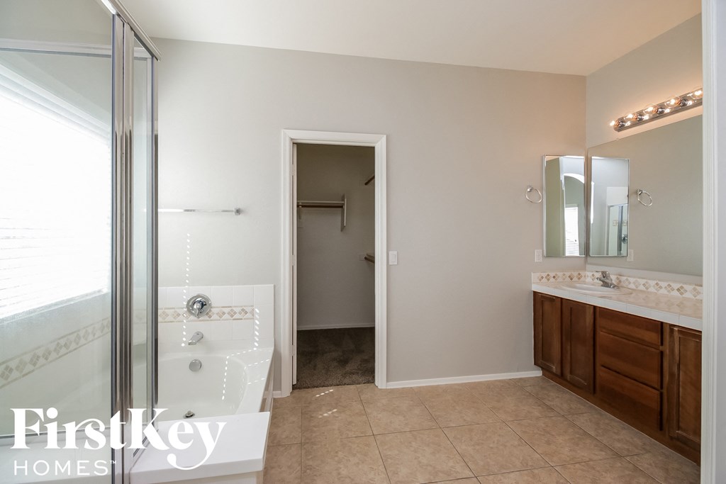 A bathroom with a walk-in shower and a sink.