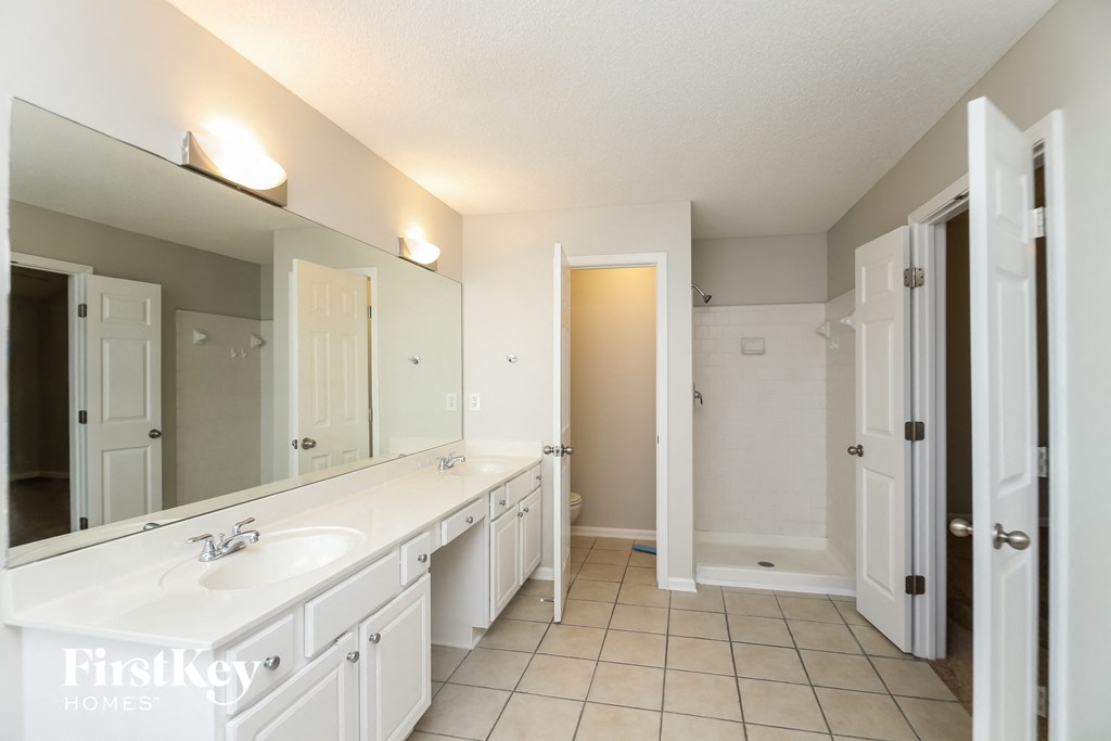 a bathroom with a sink and a mirror and a shower