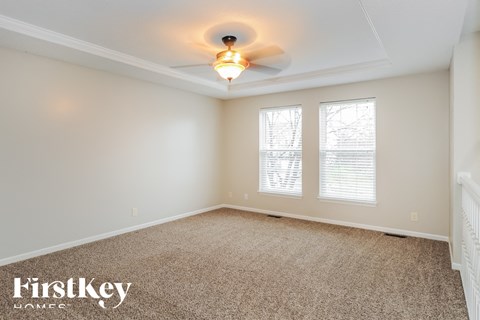 A room with a carpet floor and a ceiling fan.