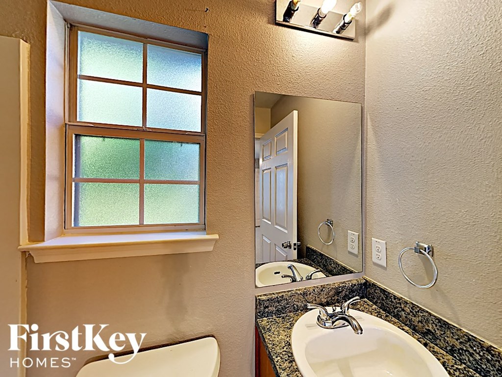 a bathroom with a sink and a mirror and a window