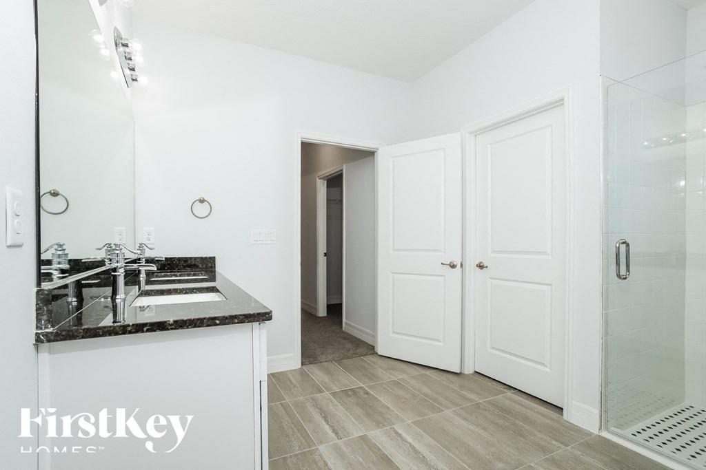 a bathroom with a sink and a mirror and a shower