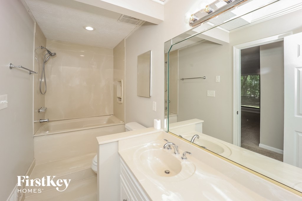 a bathroom with a sink and a mirror and a shower
