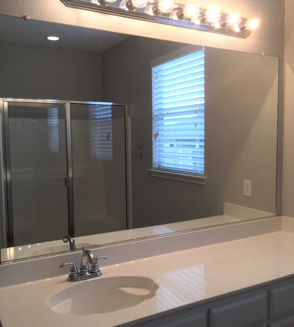 a bathroom with a sink and a mirror and a shower
