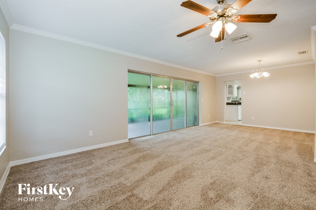 A spacious room with a ceiling fan and a carpeted floor.