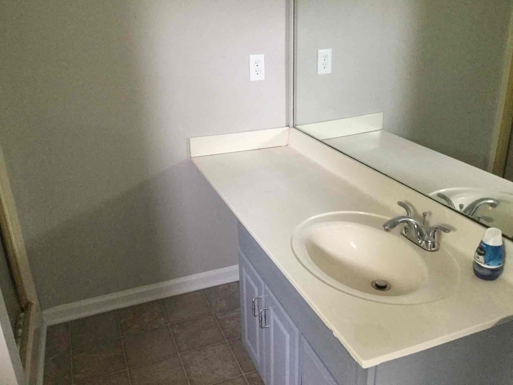 a bathroom with a sink and a mirror