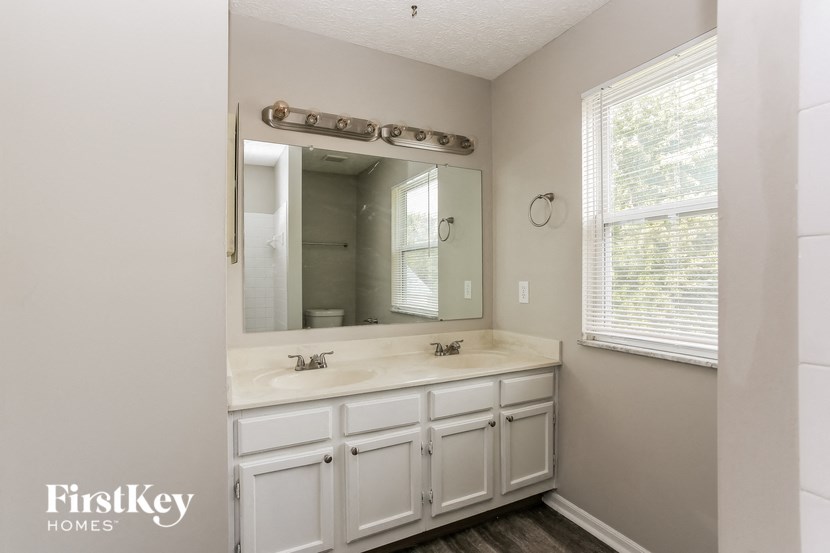 a bathroom with a sink and a mirror and a window