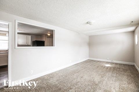 A room with a carpeted floor and a small kitchen area in the background.