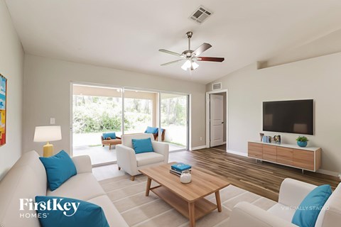 A living room with a wooden coffee table and a flat screen TV on a cabinet.