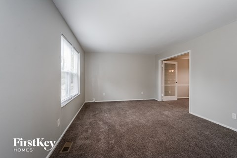 a bedroom with a carpeted floor and a large window