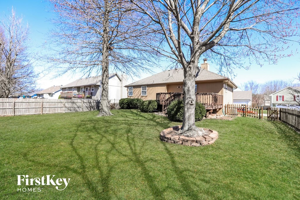 a backyard with two trees and a fence