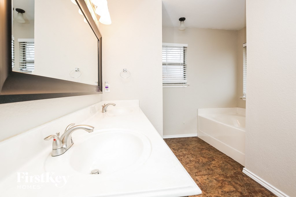 a bathroom with a sink and a mirror and a tub